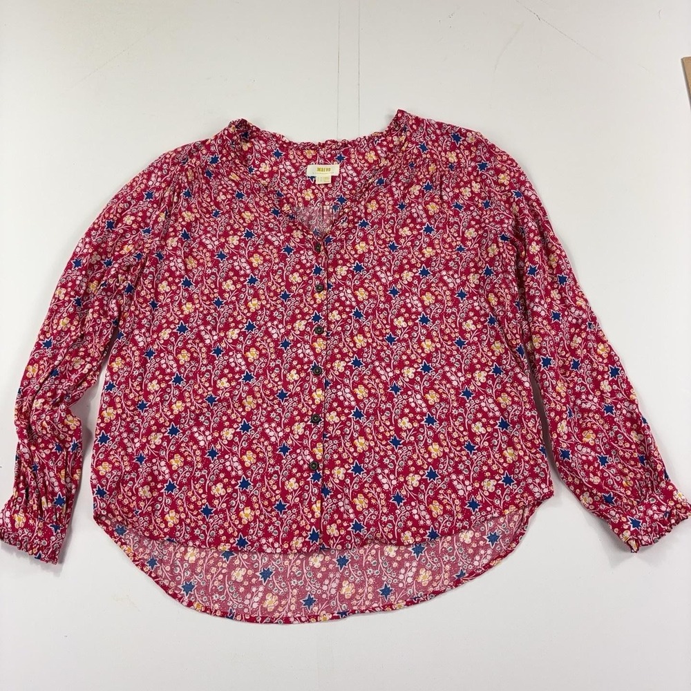 Maeve By Anthropologie Blouse Womens 14 Red Floral Henley Long Sleeve Ruffle Top
